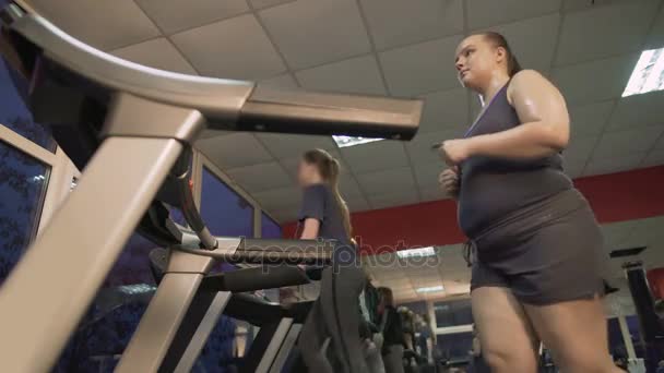 Мотивированная женщина с избыточным весом активно работает на беговой дорожке, программа потери веса — стоковое видео