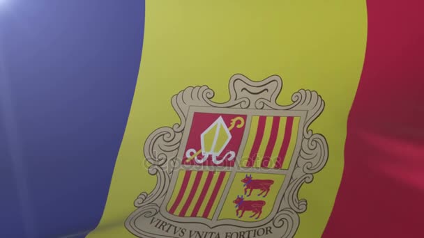 Flagget til Andorra som vinker på flaggstang i vinden, det nasjonale frihetssymbolet – stockvideo
