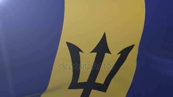 Bandera de Barbados ondeando sobre asta de la bandera en el viento, símbolo nacional de la libertad — Vídeos de Stock