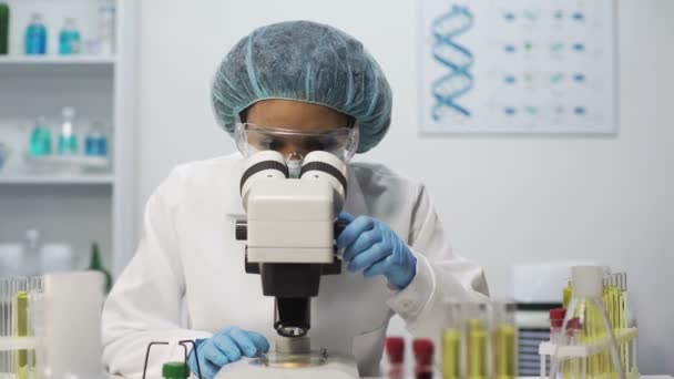 Biracial laboratory scientist checking blood on viruses using microscope — Stock Video