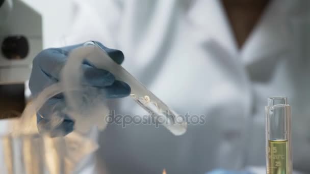 Estudiante de química sosteniendo tubo con líquido humeante hirviendo sobre quemador en laboratorio — Vídeos de Stock