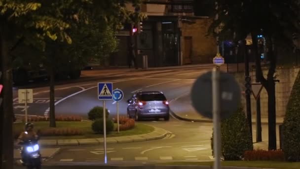 Man riding motorcycle at night, quick meal delivery service in big city, comfort — Stock Video