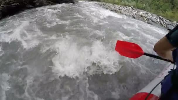 Equipo de rafting frente a enormes olas, rocas y peligros, peligrosos deportes extremos — Vídeo de stock