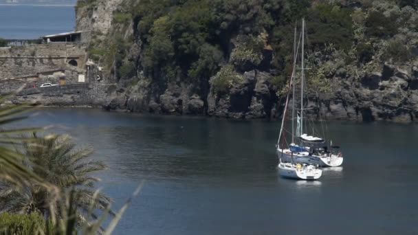 Две яхты удовольствия парусный спорт в красивой гавани недалеко от зеленого острова, романтический отдых — стоковое видео