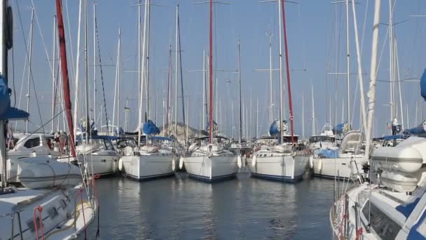 Boten aangemeerd bij zeilen sportclub, racing jachten drijvend op het water bij de marine — Stockvideo