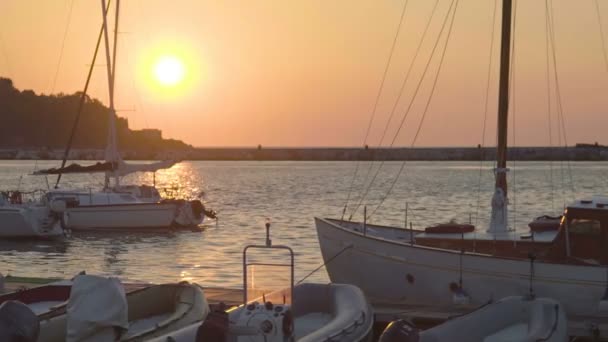 Приручені човни з рибальським обладнанням, що плаває на причалі, романтичний морський пейзаж, захід сонця — стокове відео