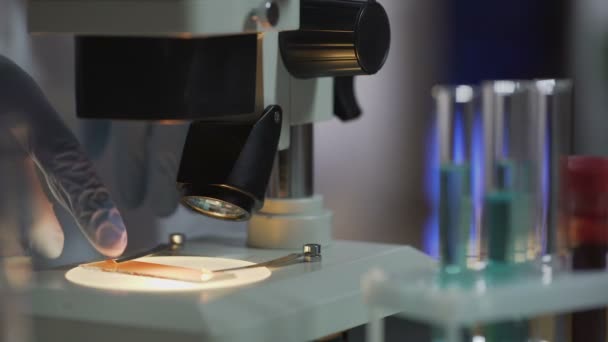 Assistente di laboratorio che rimuove i campioni dalla fase del microscopio, fine giornata lavorativa — Video Stock