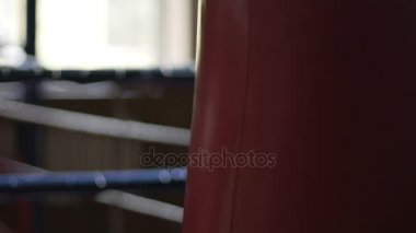 Erkek boxer punchbag spor salonunda, aktif egzersiz isabet güçlü kas silah
