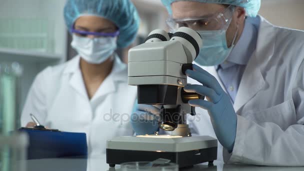 Researcher viewing sample under microscope, assistant taking notes, laboratory — Stock Video