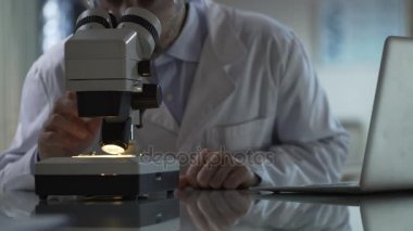 Tıp araştırmacısı mikroskop altında örnek ile ilgilenen dizüstü bilgisayar, bilim yazmaya