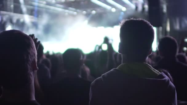 Multitud de fans obsesionados esperando ver a su banda favorita en el escenario, la vida nocturna — Vídeos de Stock