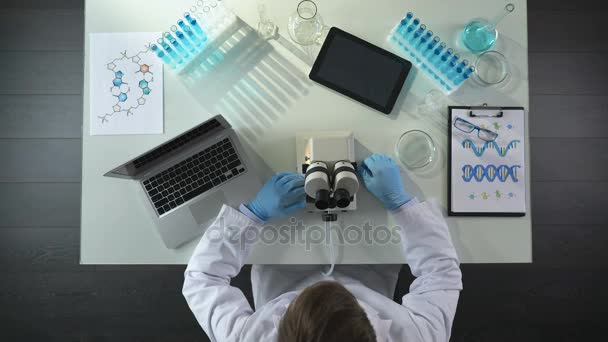 Assistant de laboratoire ajustant l'objectif de microscope, recherchant le matériel, vue de dessus — Video