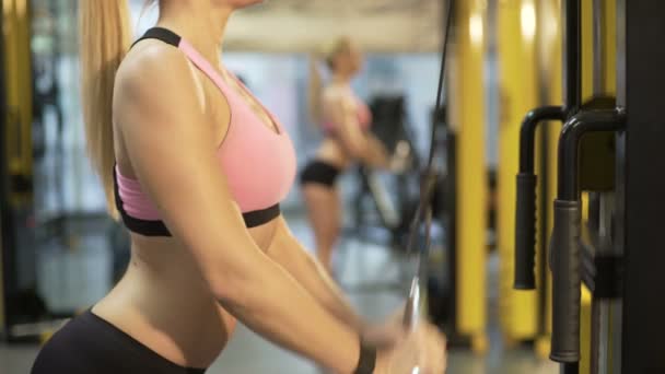 Krásná dívka dělat pull-down cvičení pro horní část těla, odraz v zrcadle — Stock video
