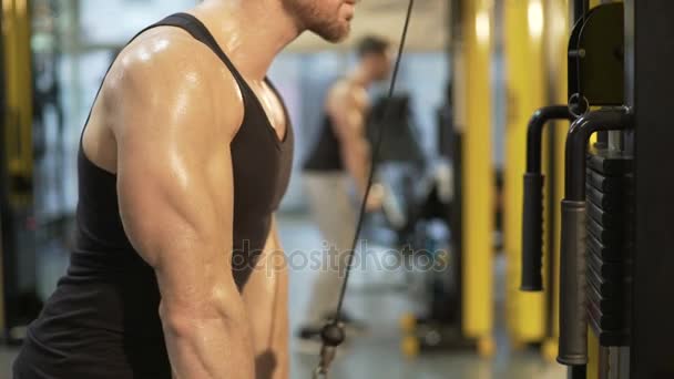 Sudor en la parte superior del cuerpo del tipo haciendo pull-downs en el gimnasio, mirando sus bíceps — Vídeo de stock