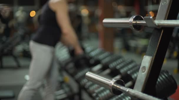 Sportlicher junger Mann beim Hantelheben im Fitnessstudio, der für den idealen Körper trainiert — Stockvideo