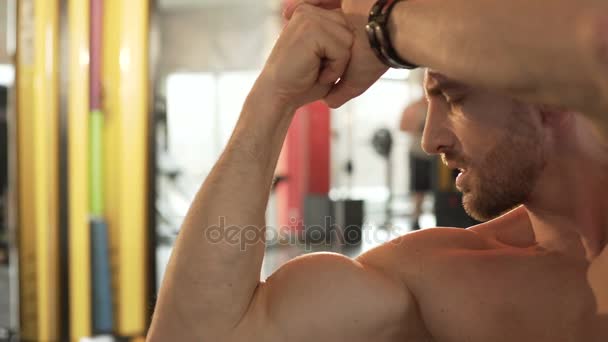 Fit macho admirando sus músculos desarrollados, haciendo frente doble bíceps pose en el gimnasio — Vídeo de stock