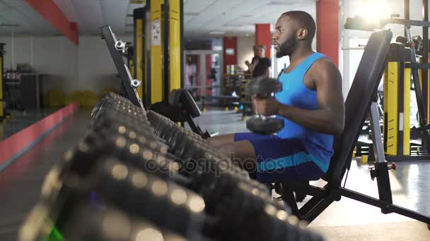 Atleta di sesso maschile che si allena con i manubri in palestra, stile di vita sano attivo, fitness — Video Stock