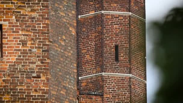 Hohe Backsteinmauer der mittelalterlichen Festung, antike Befestigungsanlage zum Schutz der Stadt — Stockvideo