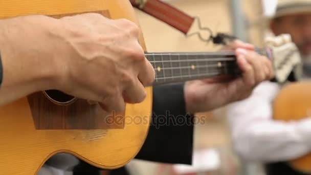 Руки уличного музыканта, профессионально играющего на гитаре, традиционная музыка — стоковое видео