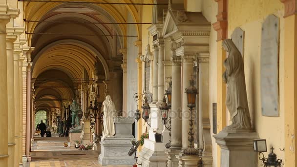 Turister vandrar i arcade med vackra marmorstatyer, tur på Mirogoj park — Stockvideo
