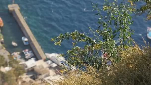 Motorboten afgemeerd bij dock van kleine badplaats, Griekse vlag zwaaien in de wind — Stockvideo