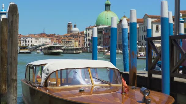 Θαλάσσια συγκοινωνία στη Βενετία, όμορφη μηχανοκίνητο σκάφος που επιπλέει στο Canal Grande, περιοδεία — Αρχείο Βίντεο
