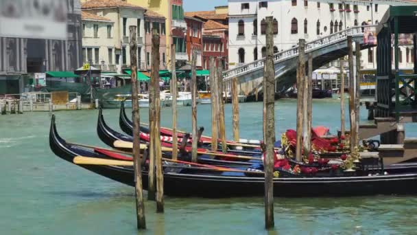 美しいゴンドラは、ヴェネツィアの運河、水輸送、観光ツアーにドッキング — ストック動画