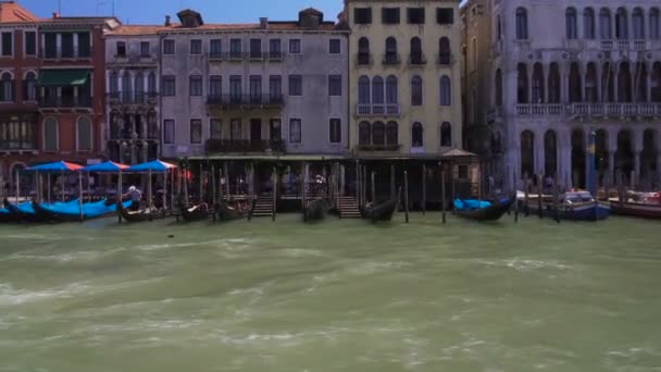 Gondoles et vaporettos garés, vue sur les bateaux d'excursion le long du Grand Canal à Venise — Video
