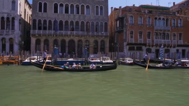 Venice gondolierów jazda w dół Canal Grande, turystów, podróżujących przez łodzie, Włochy — Wideo stockowe