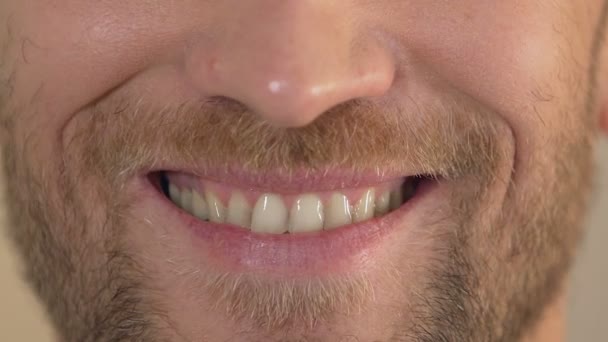 Uomo con la barba sorridente nella macchina fotografica, primo piano del viso, felicità e gioia, emozione — Video Stock