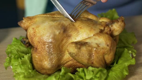 Hambrienta hembra gorda con problemas para comer cortando pollo asado con cuchillo y tenedor — Vídeos de Stock