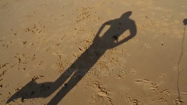 Тень счастливого мужчины танцует веселый народный танец на песчаном пляже в утреннем свете — стоковое видео