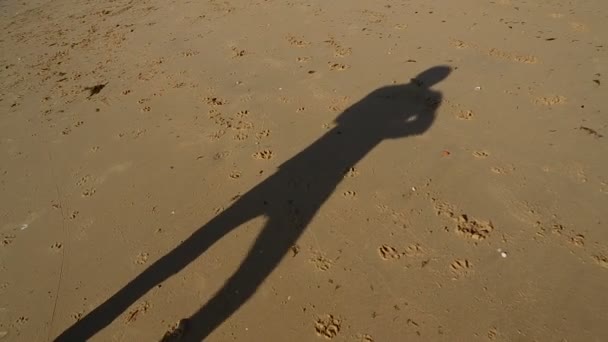 Grappige kerel Oekraïense nationale dans dansen aan Zeekust, schaduw op zand verplaatsen — Stockvideo