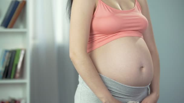 Gyöngéd érzelmeiből terhes nő átölelve puha mackó, felkészülés a baba — Stock videók