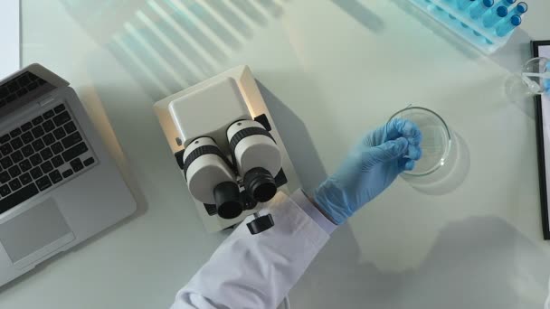 Hazırlama örnekleri, erkek laboratuvar çalışan laboratuvar cam üzerine sıvı damlayan — Stok video