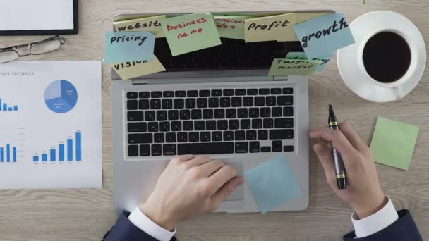 Бізнесмен пише ідею слова на аркуші паперу, мозковий штурм та інновації — стокове відео