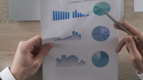 Podnikatel, analýzy statistických grafů a vložení dat do notebooku, zprávy — Stock video