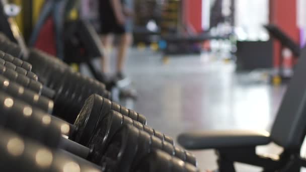 Chicos tomando y poniendo pesadas pesas pesadas mancuernas para estar en el gimnasio, entrenamiento muscular — Vídeos de Stock