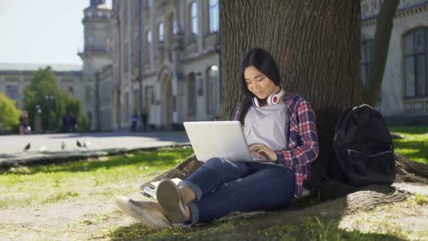 Joven estudiante universitario usando laptop, sentado bajo el árbol, sonriendo, socializando — Vídeos de Stock