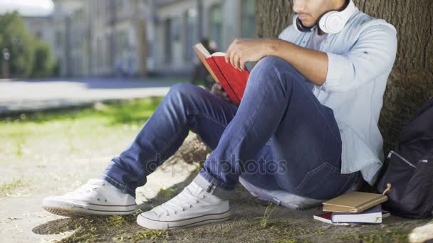 Wielorasowe mężczyzna siedzący pod drzewo i czytanie, uśmiechając się i zamknięcie książki, szczęśliwy — Wideo stockowe