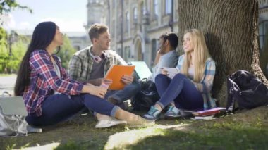 Konuşurken birbirimizi, grup, ekip çalışması için ağacın altında oturan arkadaş grubu