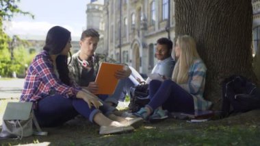 Kampüste, ağacın altında tartışma sahip üniversite öğrencileri sınavlara hazırlama