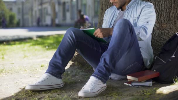 Exchange student skriva uppsats på främmande språk, universitet utbytesprogram — Stockvideo