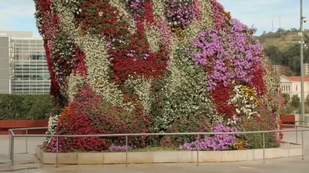 Grande sculpture florale de chien faite de fleurs colorées, visite guidée à Bilbao — Video