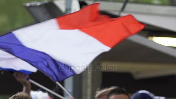Французские футбольные болельщики ждут команды и размахивают флагами Франции, фан-клуба — стоковое видео