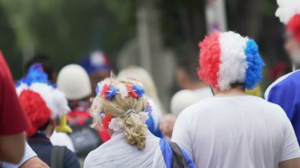 Sostenitori femminili e maschili che indossano divertenti copricapo colorati che camminano verso lo stadio — Video Stock