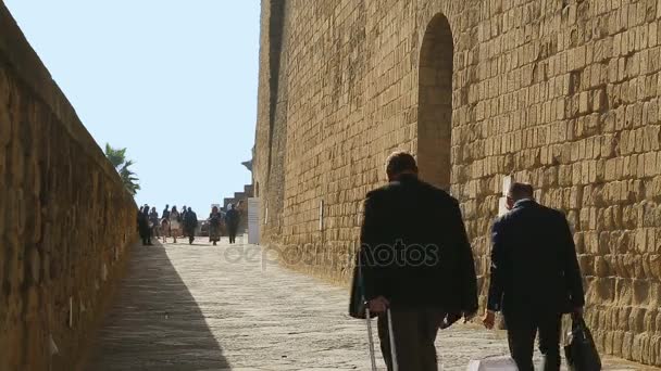Turystów mężczyzn, którzy chodzą w pobliżu pięknego zamku starożytnych jajko w Neapolu, turystyka — Wideo stockowe