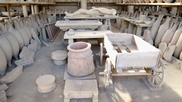 Ancient barrel, cart standing in amphorae room, plaster cast of victim on table — Stock Video