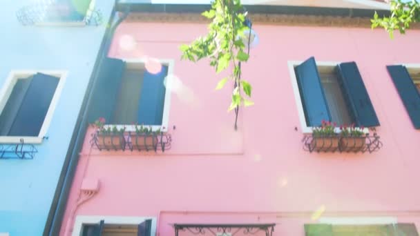 Fantastisk utsikt över dockliknande rosa hus med blomkrukor, solig dag, Venedig — Stockvideo