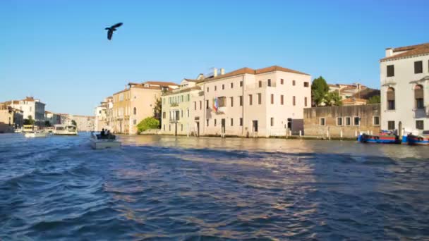 Blick auf Gebäude und Kanal in Venedig vom Motorboot aus, Wassertour, Italien — Stockvideo